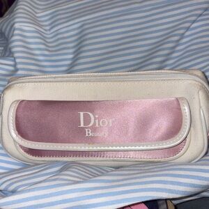 Dior Beauty Pink Satin & White Cosmetic Case w/lipstick mirror rare like new